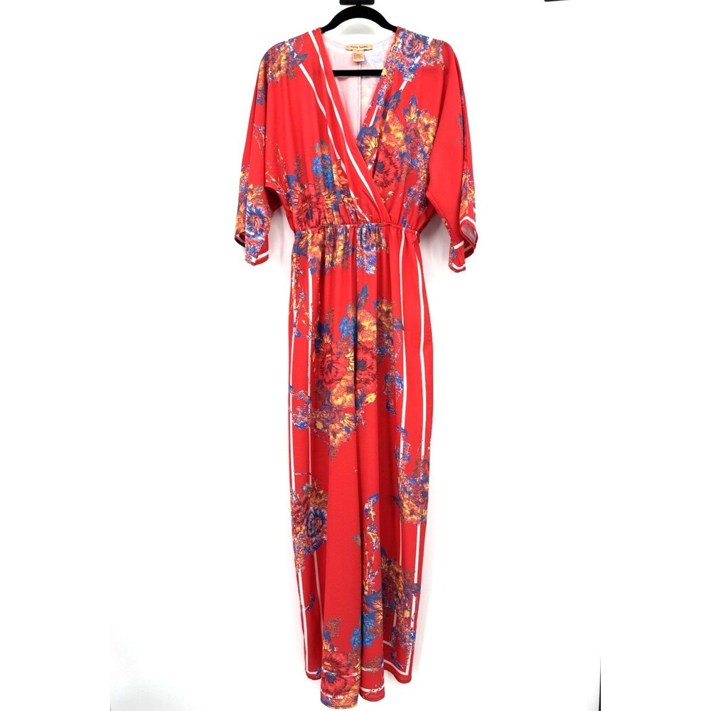 Flying Tomato Palazzo Jumpsuit Sz S Red Floral Kimono Sleeves Resort Tropical